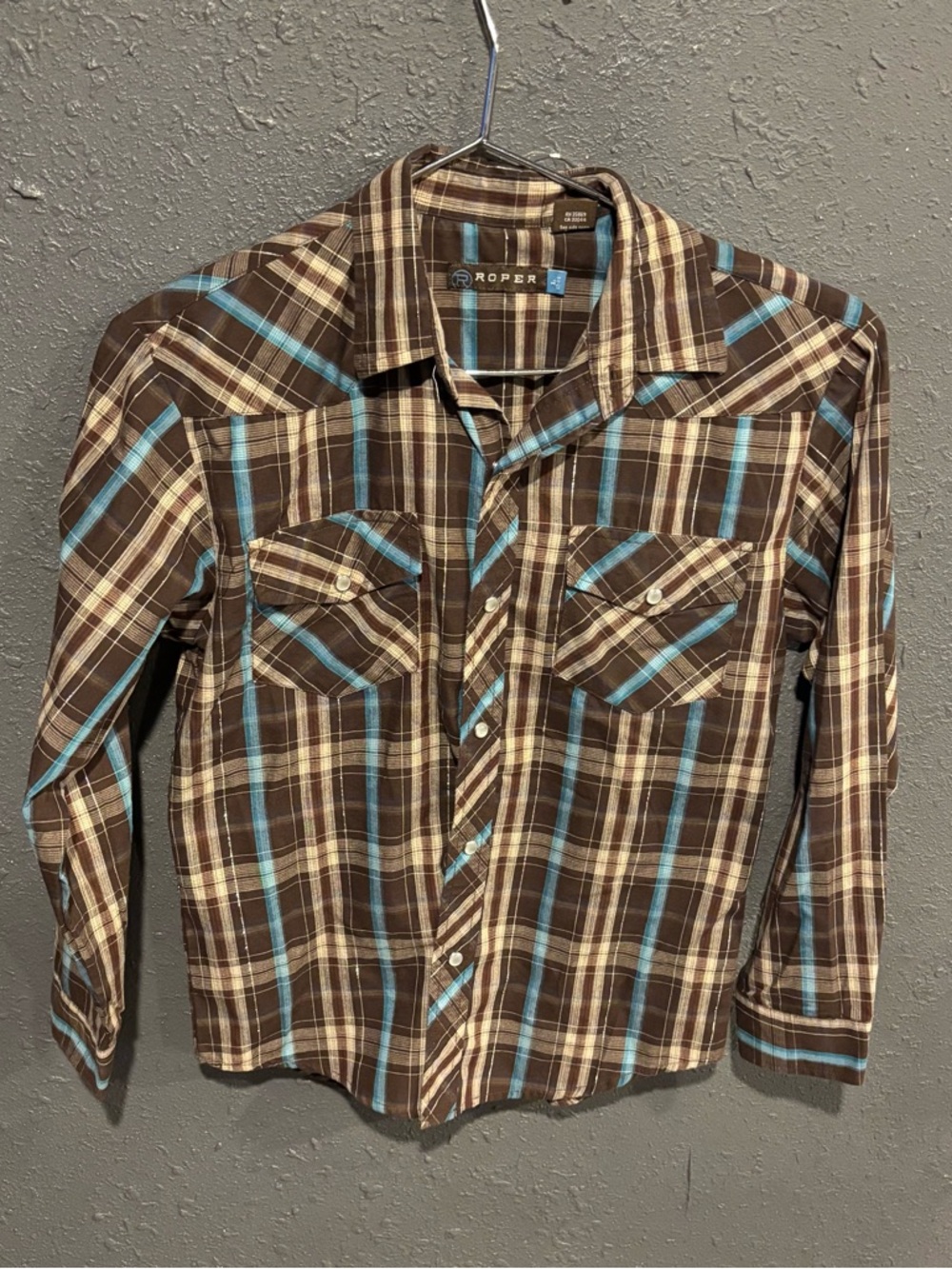 Kids Roper Brown Plaid Western Shirt with Blue Accents